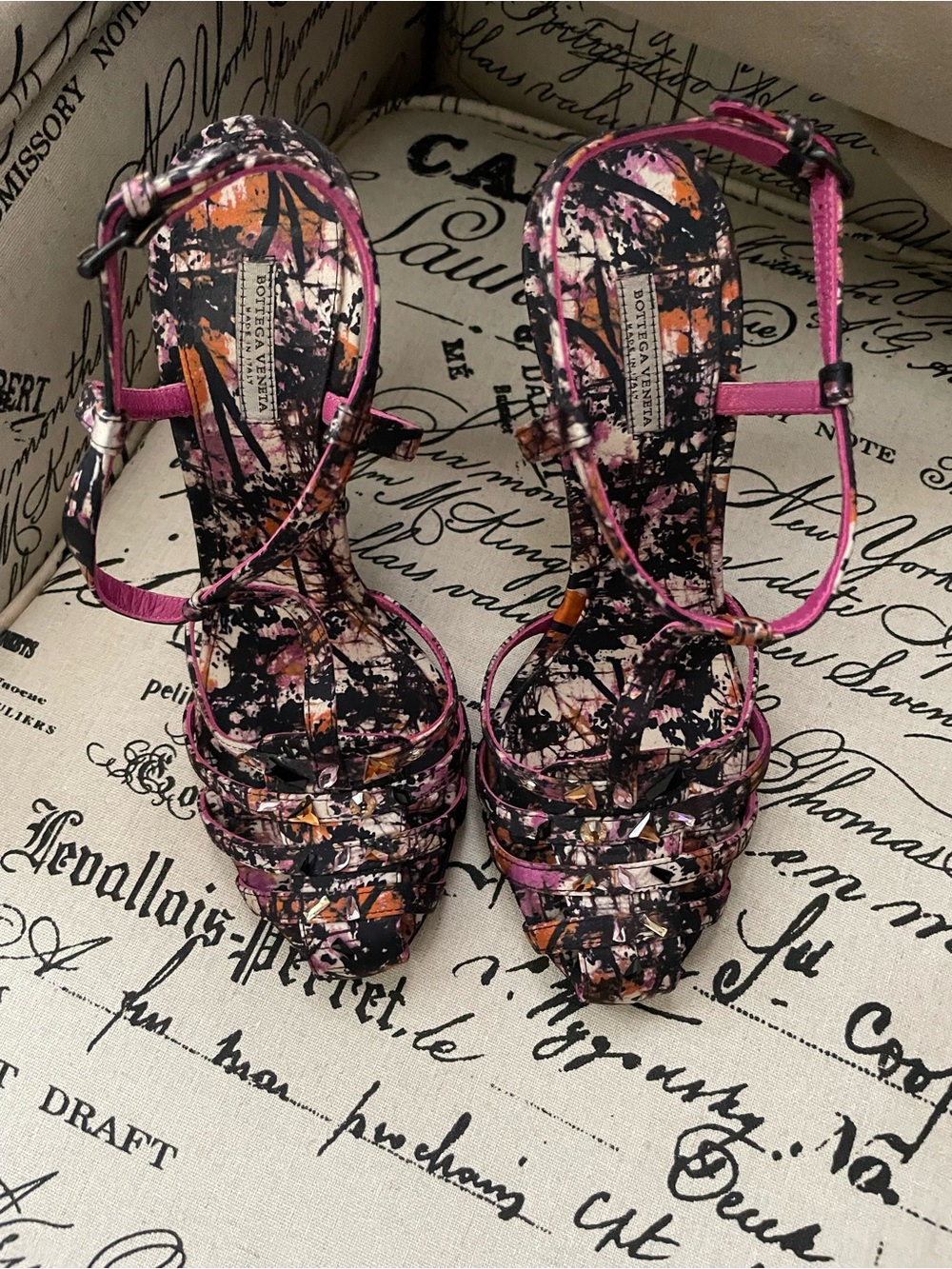 Bottega Veneta Multicolor Abstract Print Strappy Heels